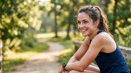 Authentic hyper-realistic portrait of a sweating female runner with copy space