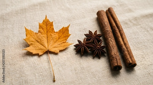 Autumn Maple Leaf With Star Anise And Cinnamon Sticks On Textured Fabric