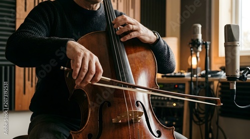 Musician Playing Cello in a Soundproof Room with Recording Equipment