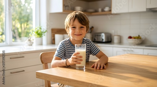 Young Boy Holding a Glass of Milk While Sitting at a Kitchen Table Smiling