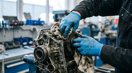 Mechanic Inspecting Complex Engine Components With Focus And Precision During Automotive Repair