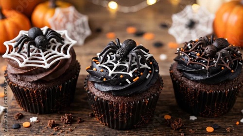 Three Halloween cupcakes with spiders and webs on wooden table