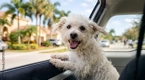Happy Small Dog Enjoying A Car Ride While Leaning Out The Window