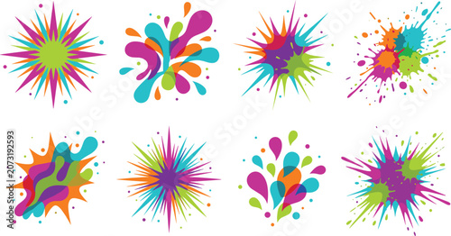 Fotografía Vibrant colorful paint splash and abstract burst vector illustration set featuring bright multicolor ink splatters, paint drops, and dynamic color explosion design elements