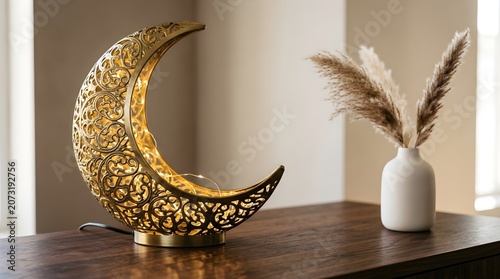 Golden Crescent Moon Lamp With Intricate Filigree Design Illuminates Room With Warm Glow