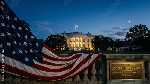 Commemorating the 250th anniversary of the united states with a stunning view of the white house at dusk and a display of the american flag