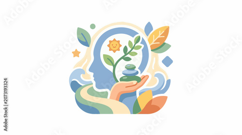 A colorful illustration of a human head with a plant growing out of it surrounded by abstract shapes and leaves