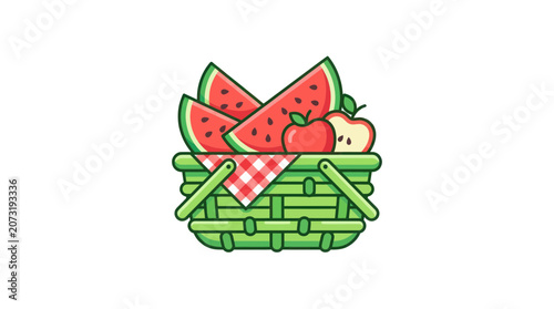 Photos Fresh watermelon slices and apples in a green picnic basket