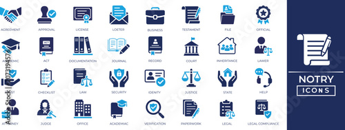 Cuadro en lienzo Notary solid icon set: legal document, approval, contract, record, certification, and official seal vector icons for business and law