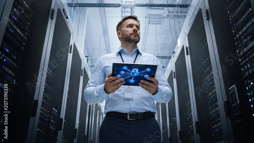 Modern Business Man in Suit Looking at Tablet Technology Display