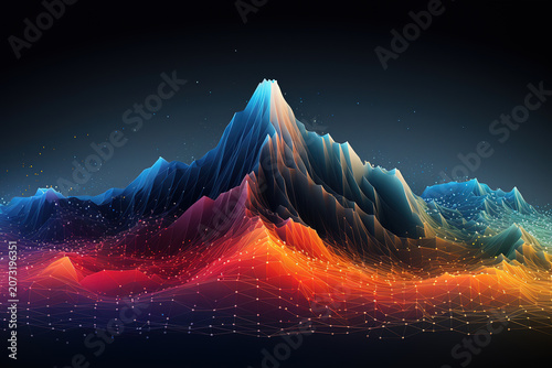 Stylized wireframe mountain illustration reflecting contemporary scientific art elements