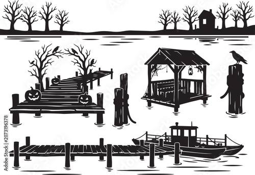 Foto Premium Halloween Riverside Ferry Dock Collection Featuring Wooden Piers Boardin