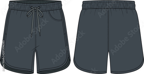 Unisex dark grey sweat shorts technical fashion sketch vector illustration featuring front and back view elastic drawstring waistband pocket athletic apparel template
