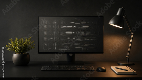 Modern programmer workspace with monitor displaying code and natural potted plant