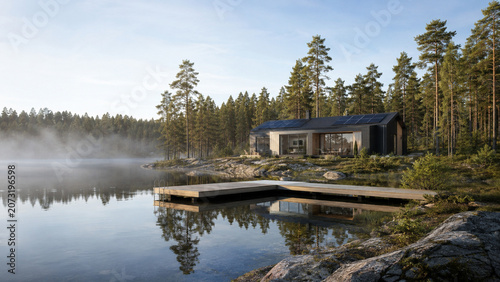 Misty morning forest lake reflection at sunrise, tranquil nature scene