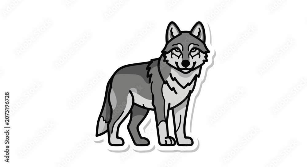 Fototapeta premium A gray wolf with white markings stands on all fours looking ahead