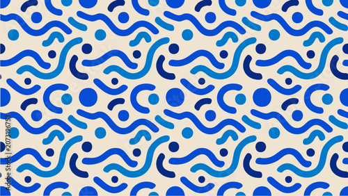 Abstract seamless pattern featuring flowing blue lines and scattered dots on a light background, creating a vibrant, dynamic visual for modern design projects and digital applications