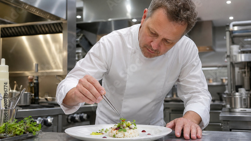 Expert male chef plating gourmet fresh dish in professional kitchen setting