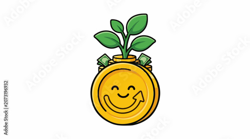 A smiling gold coin with a plant growing out of it