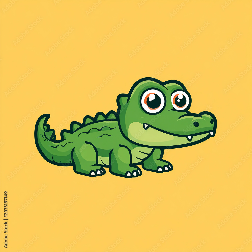 Fototapeta premium A cute cartoon crocodile in a simple flat style, featuring big expressive eyes, a friendly smile, simple shapes, and a thick outline against a solid colorful background.