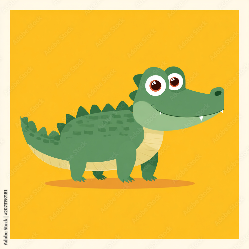Fototapeta premium A cute cartoon crocodile in a simple flat style, featuring big expressive eyes, a friendly smile, simple shapes, and a thick outline against a solid colorful background.