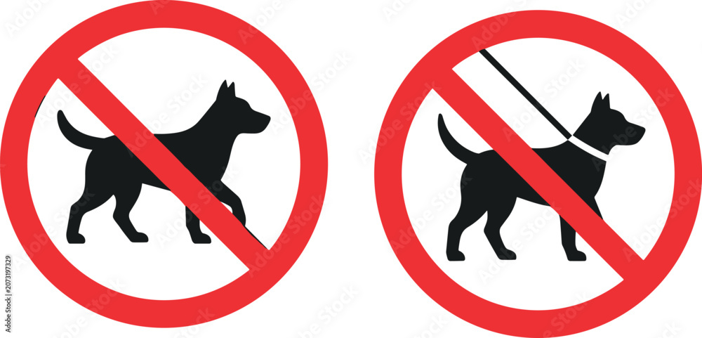 Ταπετσαρία No Dogs Allowed Prohibited Sign Set with Walking Dog and Leash Silhouettes for P