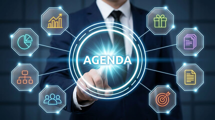 Businessman pointing at glowing digital agenda chart network with marketing icons