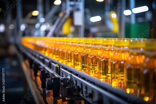 Juice and water bottles flowing on conveyor in Bangkok beverage factory