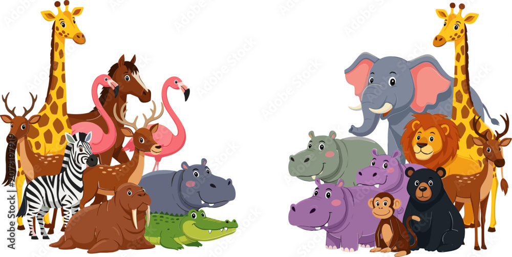 Fototapeta premium Vector Illustration of African Safari Animals Including Giraffes, Elephants, Lions, Hippos, and More for Kids' Educational, Animal-Themed, and Wildlife Designs