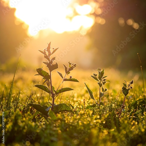 Young Plants Growing in Green Grass at Sunset.