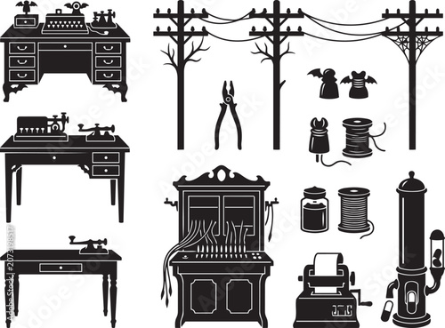 Bild auf Leinwand Premium Halloween Vintage Telegraph Office Collection Featuring Communication Eq