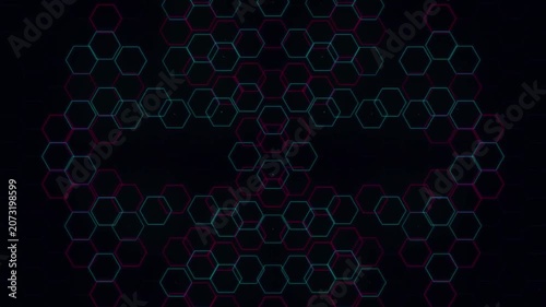 Animated video loop with abstract hexagon network pattern, digital connection system and geometric structure, supporting technology visualization, data communication and modern background.