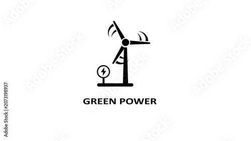 Rotating wind turbine generating clean green energy with electricity flow animation