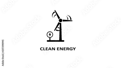 Animated wind turbine generating clean energy with rotating blades and power symbol
