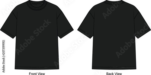 Blank black crewneck t shirt technical fashion sketch vector illustration featuring front view and back view drop shoulder casual streetwear template garment mockup