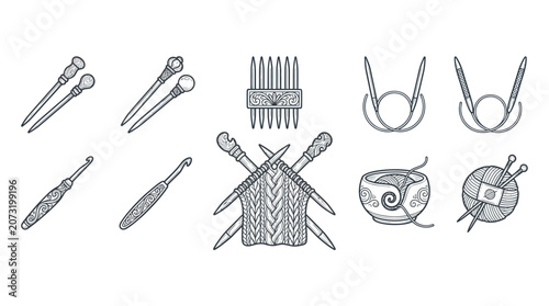 Fotografie Ornate knitting and crochet tools collection for handmade crafts