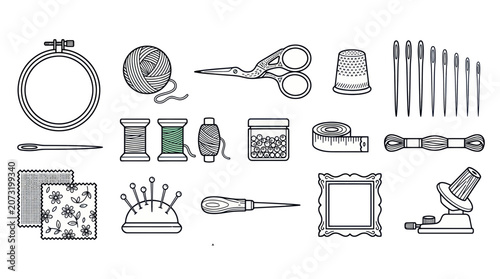 Fotografie Sewing and embroidery craft tools for hobby and needlework projects