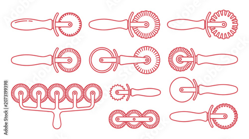 Bild auf Leinwand Pastry cutters and pasta wheels in red outline line art style