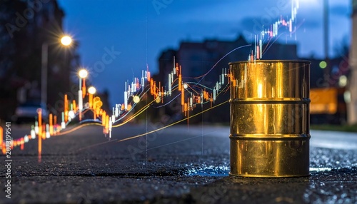 Metal oil barrel on city street at night with glowing red and white financial stock market trading chart overlay, industrial