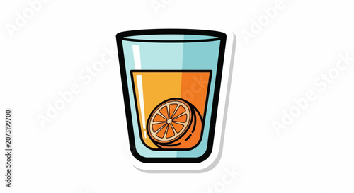 A cartoon glass filled with orange liquid and a slice