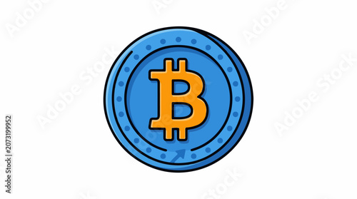 A blue coin with a yellow Bitcoin symbol