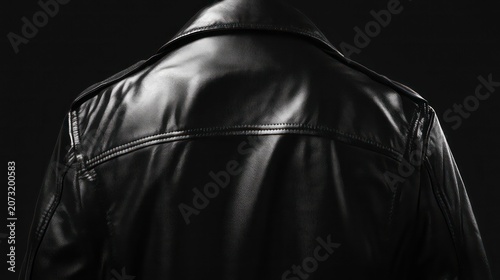 A black leather jacket viewed from the back, showcasing its sleek design and texture.