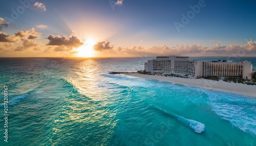 Sunrise Over The Turquoise Caribbean And The Beach In Cancun Mexico
