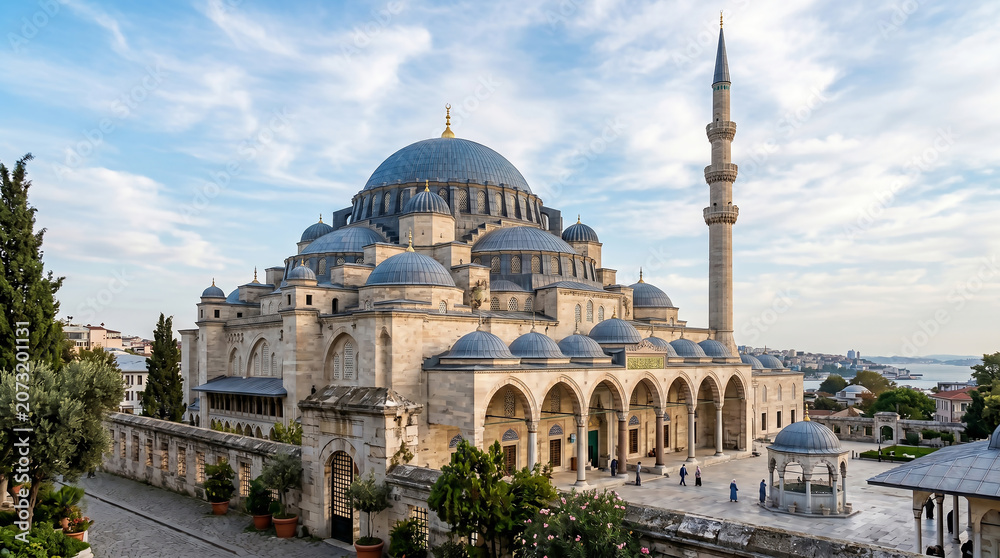 Fototapeta premium Large Mosque with Minaret and Domes in City