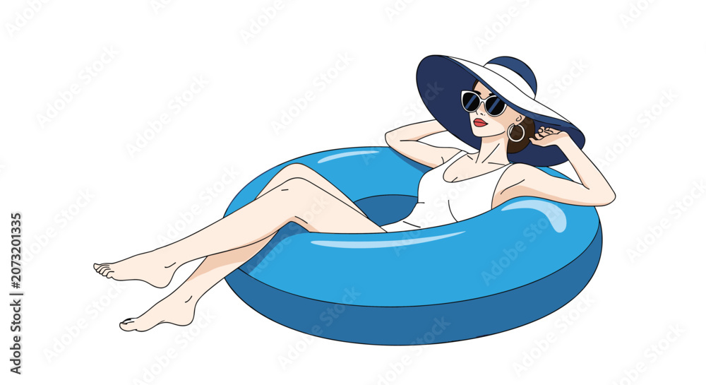 Obraz premium Fashionable woman wearing a large hat and sunglasses relaxing in a blue inflatable ring on white background.