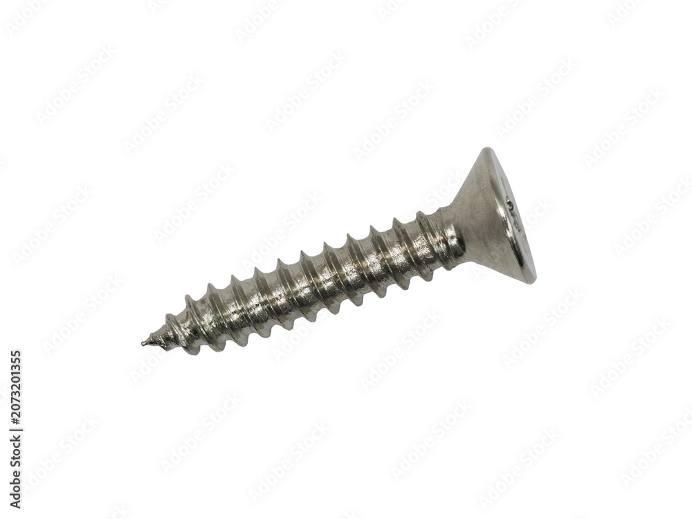 Foto Single silver metal screw isolated on white background.