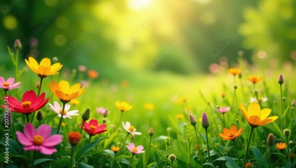 Fototapeta premium Lush green foliage surrounds vibrant flower blooms in a sunny meadow, wildflowers, colors, nature