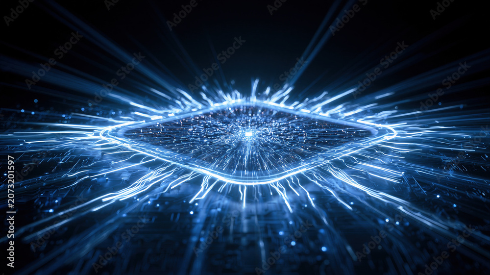 Fototapeta premium Abstract electronic circuit board with glowing processor chip emitting light beam. Digital data processing and network communication concept. Futuristic computer hardware technology visualization.