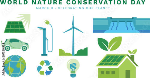 Photos "World Nature Conservation Day eco icons, solar panel, wind turbine, hydro dam,