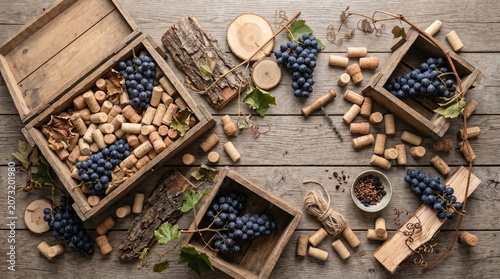 Rustic wine cork and dark grape flat lay composition on weathered wood background